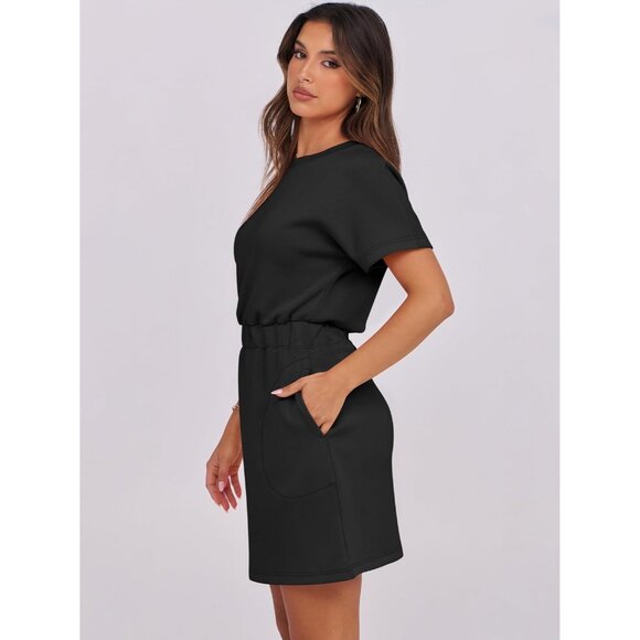 Anrabess Women Black Crew Neck Elastic Waist Mini T Shirt Dress With Pocket - Picture 4 of 6